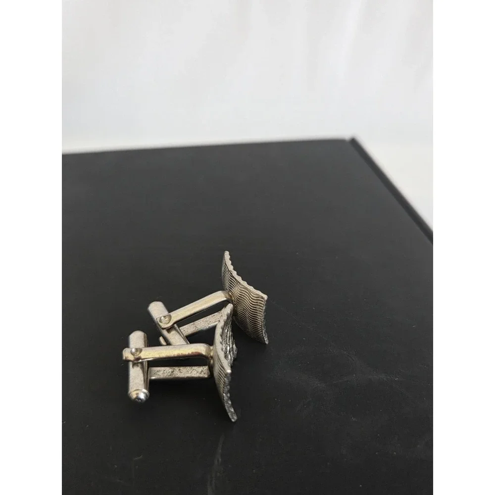 Vintage Silver Tone Textured Scalloped Edge Curved Rectangular Cufflinks